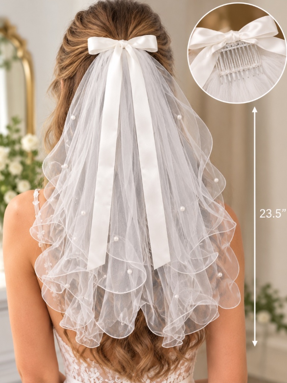 Women’s White Short Double Layer Pearl Wedding Veil